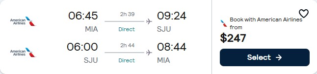 Click here to book this cheap flight deal. Non-stop flights from Miami to San Juan, Puerto Rico for only $247 roundtrip with American Airlines. Flight deal ticket image.