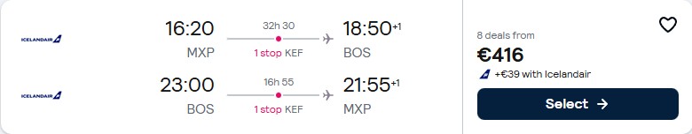 Click here to book this cheap flight deal. Cheap flights from Milan, Italy to Boston, USA for only €416 roundtrip. Flight deal ticket image.