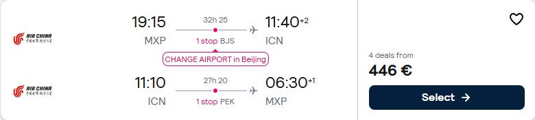 Cheap flights from Milan or Rome, Italy to Seoul, South Korea from only €446 roundtrip. Flight deal ticket image.
