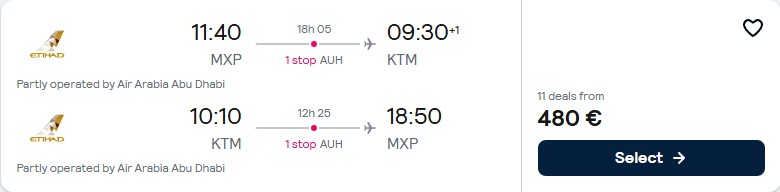 Click here to book this cheap flight deal. Cheap flights from Milan or Rome, Italy to Kathmandu, Nepal from only €480 roundtrip with Etihad Airways. Flight deal ticket image.