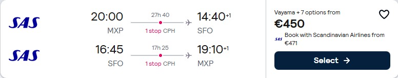 Click here to book this cheap flight deal. Cheap flights from Milan, Italy to San Francisco, USA for only €450 roundtrip with Scandinavian Airlines. Flight deal ticket image.