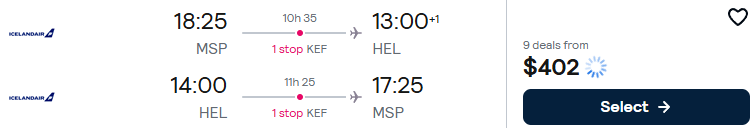 Cheap flights from Minneapolis to Helsinki, Finland for only $402 roundtrip. Flight deal ticket image.