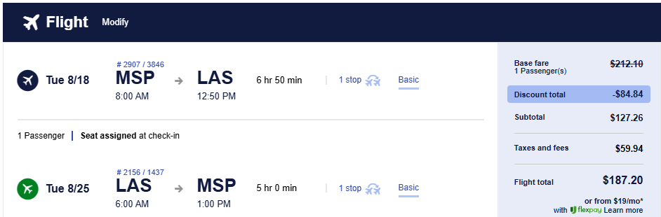 Click here to book this cheap flight deal. Non-stop flights from Minneapolis, USA to Las Vegas, USA for only $187 roundtrip. Also works in reverse. Flight deal ticket image.
