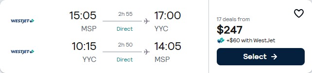 Click here to book this cheap flight deal. Non-stop flights from Minneapolis to Calgary, Canada for only $247 roundtrip. Flight deal ticket image.