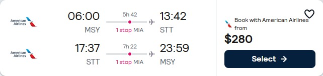 Click here to book this cheap flight deal. Cheap flights from New Orleans to the US Virgin Islands for only $280 roundtrip with American Airlines. Flight deal ticket image.