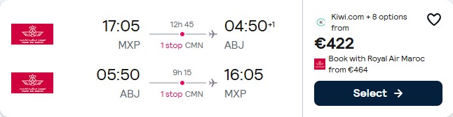 Click here to book this cheap flight deal. Cheap flights from Milan, Italy to Abidjan, Ivory Coast for only €422 roundtrip with Royal Air Maroc. Flight deal ticket image.