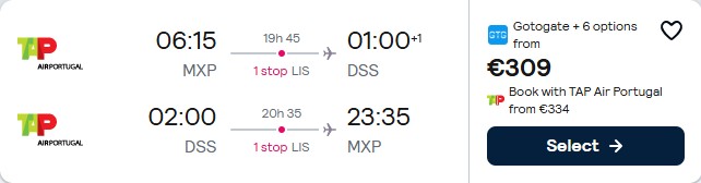 Cheap flights from Milan, Italy to Dakar, Senegal for only €309 roundtrip with TAP Air Portugal. Flight deal ticket image.