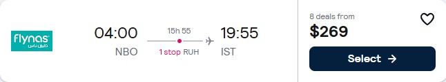 Summer flights from Nairobi, Kenya to Istanbul, Turkey for only $269 USD one-way. Flight deal ticket image.