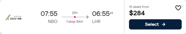 Summer flights from Nairobi, Kenya to London, UK for only $284 USD one-way. Flight deal ticket image.