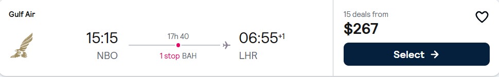 Click here to book this cheap flight deal. Cheap flights from Nairobi, Kenya to London, UK for only $263 USD one-way. Flight deal ticket image.