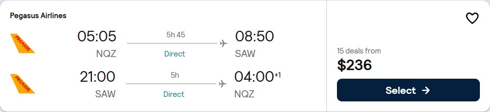 Click here to book this cheap flight deal. Non-stop flights from Astana, Kazakhstan to Istanbul, Turkey for only $236 USD roundtrip. Flight deal ticket image.
