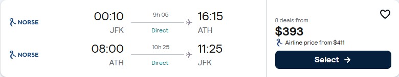Non-stop flights from New York to Athens, Greece for only $393 roundtrip. Flight deal ticket image.