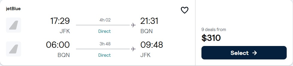 Non-stop flights from New York to Aguadilla, Puerto Rico for only $310 roundtrip with JetBlue. Flight deal ticket image.