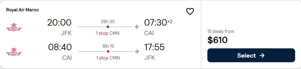 Cheap flights from New York to Cairo, Egypt for only $610 roundtrip with Royal Air Maroc. Flight deal ticket image.