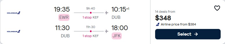 Click here to book this cheap flight deal. Cheap flights from New York to Dublin, Ireland for only $348 roundtrip. Flight deal ticket image.