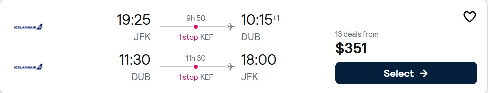 Click here to book this cheap flight deal. Cheap flights from New York to Dublin, Ireland for only $351 roundtrip. Flight deal ticket image.