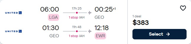 Cheap flights from New York to Guyana for only $383 roundtrip with United Airlines. Flight deal ticket image.