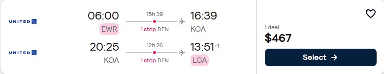 Summer flights from New York to Kona, Hawaii for only $467 roundtrip with United Airlines. Also works in reverse. Flight deal ticket image.