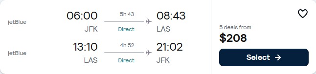 Click here to book this cheap flight deal. Non-stop, summer flights from New York to Las Vegas for only $208 roundtrip with JetBlue. Also works in reverse. Flight deal ticket image.