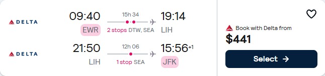Cheap flights from New York to Lihue, Hawaii for only $441 roundtrip with Delta Air Lines. Also works in reverse. Flight deal ticket image.