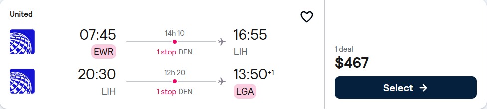 Cheap flights from New York to Lihue, Hawaii for only $467 roundtrip with United Airlines. Also works in reverse. Flight deal ticket image.