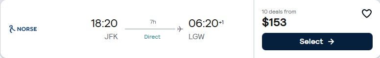 Click here to book this cheap flight deal. Non-stop flights from New York to London, UK for only $153 one-way. Flight deal ticket image.