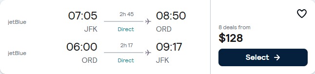 Non-stop, summer flights from New York to Chicago for only $128 roundtrip with JetBlue. Also works in reverse. Flight deal ticket image.