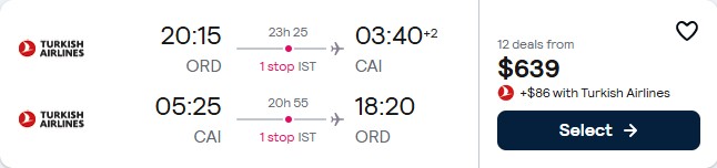 Click here to book this cheap flight deal. Cheap flights from Chicago to Cairo, Egypt for only $639 roundtrip with Turkish Airlines. Flight deal ticket image.