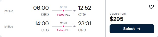 Click here to book this cheap flight deal. Cheap flights from Chicago to Cartagena, Colombia for only $295 roundtrip with JetBlue. Flight deal ticket image.