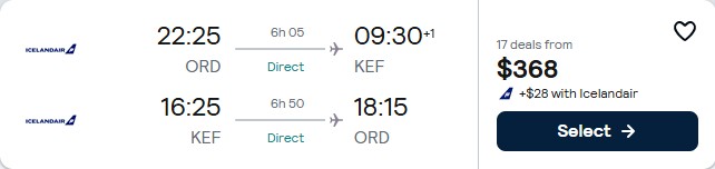 Click here to book this cheap flight deal. Non-stop flights from Chicago to Reykjavik, Iceland for only $368 roundtrip. Flight deal ticket image.