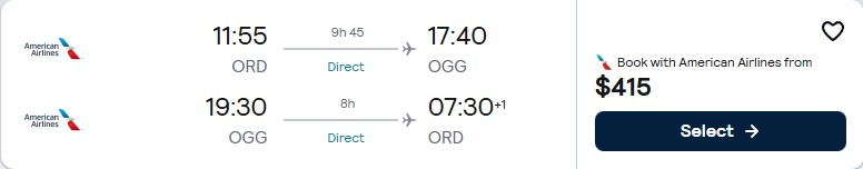 Click here to book this cheap flight deal. Non-stop flights from Chicago to Kahului, Hawaii for only $415 roundtrip with American Airlines. Also works in reverse. Flight deal ticket image.