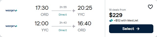 Click here to book this cheap flight deal. Non-stop, summer flights from Chicago to Calgary, Canada for only $229 roundtrip. Flight deal ticket image.