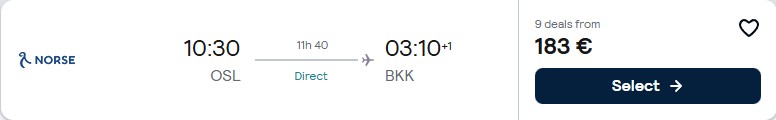 Click here to book this cheap flight deal. Non-stop flights from Oslo, Norway to Bangkok, Thailand for only €183 one-way. Flight deal ticket image.