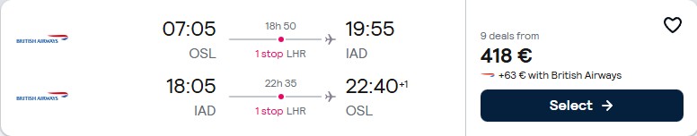 Cheap flights from Oslo, Norway to Washington DC, USA for only €418 roundtrip with British Airways. Flight deal ticket image.