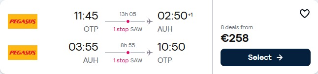 Click here to book this cheap flight deal. Cheap flights from Bucharest, Romania to Abu Dhabi, UAE for only €258 roundtrip. Flight deal ticket image.