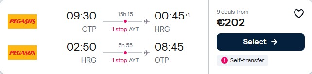 Cheap flights from Bucharest, Romania to Hurghada, Egypt for only €202 roundtrip. Flight deal ticket image.