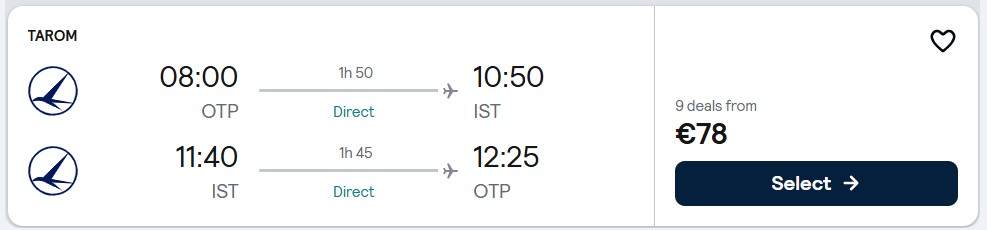 Click here to book this cheap flight deal. Non-stop flights from Bucharest, Romania to Istanbul, Turkey for only €78 roundtrip. Flight deal ticket image.
