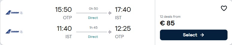 Click here to book this cheap flight deal. Non-stop flights from Bucharest, Romania to Istanbul, Turkey for only €85 roundtrip. Flight deal ticket image.