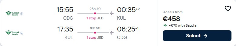 Cheap flights from Paris, France to Kuala Lumpur, Malaysia for only €460 roundtrip. Flight deal ticket image.