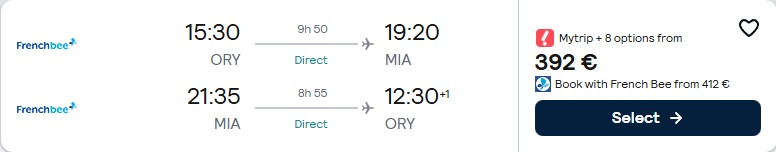 Click here to book this cheap flight deal. Non-stop flights from Paris, France to Miami, USA for only €392 roundtrip. Flight deal ticket image.