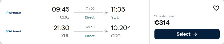 Click here to book this cheap flight deal. Non-stop flights from Paris, France to Montreal, Canada for only €314 roundtrip. Flight deal ticket image.