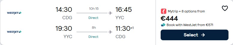 Click here to book this cheap flight deal. Non-stop, Christmas flights from Paris, France to Calgary, Canada for only €443 roundtrip. Flight deal ticket image.