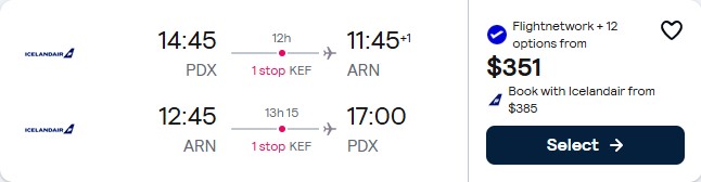 Click here to book this cheap flight deal. Cheap flights from Portland, Oregon to Stockholm, Sweden for only $351 roundtrip. Flight deal ticket image.