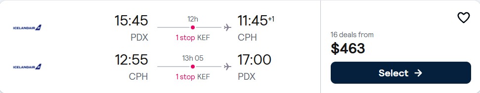 Click here to book this cheap flight deal. Cheap flights from Portland, Oregon to Copenhagen, Denmark for only $463 roundtrip. Flight deal ticket image.