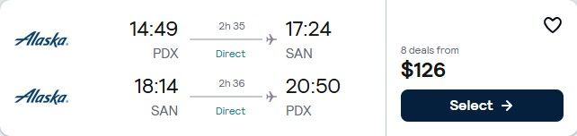 Click here to book this cheap flight deal. Non-stop flights from Portland, Oregon to San Diego for only $126 roundtrip with Alaska Airlines. Also works in reverse. Flight deal ticket image.