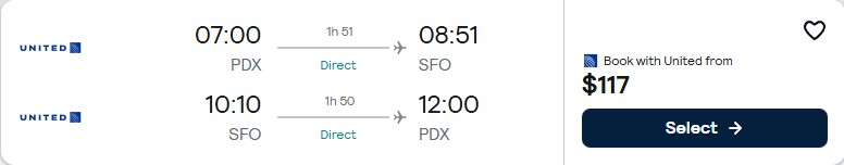 Non-stop, summer flights from Portland, Oregon to San Francisco for only $117 roundtrip with United Airlines. Also works in reverse. Flight deal ticket image.
