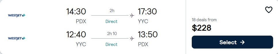 Click here to book this cheap flight deal. Non-stop flights from Portland, Oregon to Calgary, Canada for only $228 roundtrip. Flight deal ticket image.
