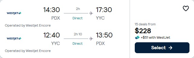Click here to book this cheap flight deal. Non-stop flights from Portland, Oregon to Calgary, Canada for only $228 roundtrip. Flight deal ticket image.