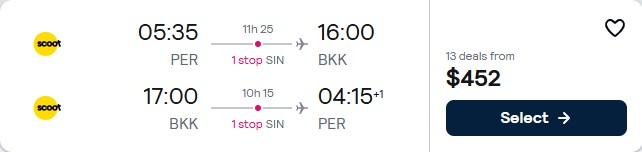 Click here to book this cheap flight deal. Cheap flights from Perth, Australia to Bangkok, Thailand for only $452 AUD roundtrip. Flight deal ticket image.