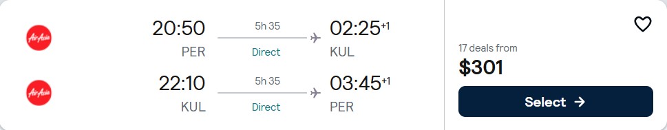 Click here to book this cheap flight deal. Non-stop flights from Perth, Australia to Kuala Lumpur, Malaysia for only $301 AUD roundtrip. Flight deal ticket image.